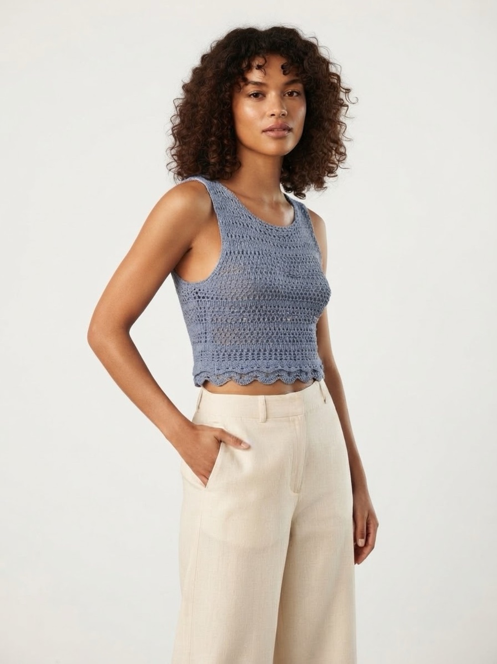 Zara Pointelle Open-Knit Cropped Tank Top with Built in Cami Blue Size XS